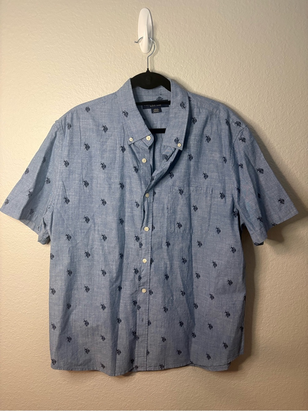 U.S. Polo Assn. Light Blue Short-Sleeve Button-Down with Navy Polo Motif